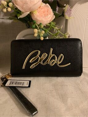 bebe Black Wallet with Gold Script Logo